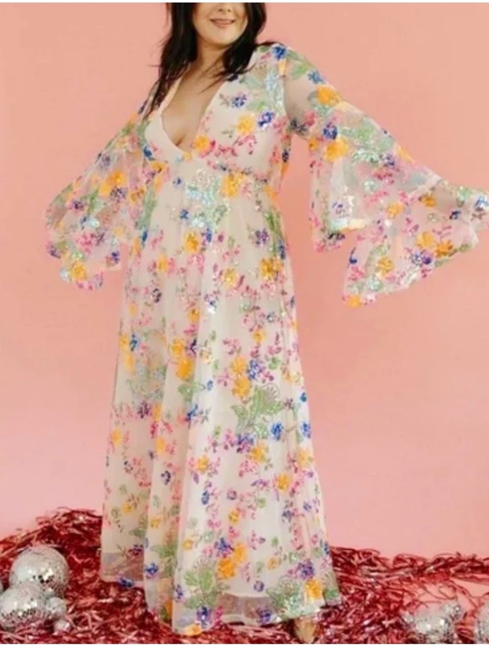 Buddy Love Sequin & Embroidered Floral Mesh dress in Nude and Multicolor - Picture 4 of 6